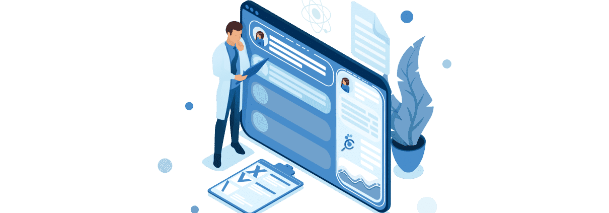 Doctor looks at the patient's electronic chart on the tablet. Health care concept. 3d isometric. Concept for web design-01